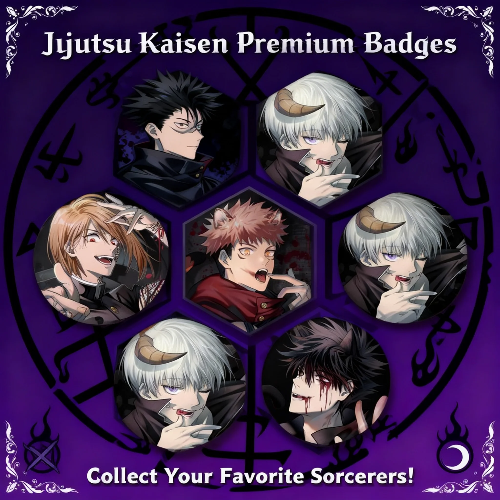 

Набор лазерных значков-пинов по аниме Jujutsu Kaisen с Сатору Годжо, Сугуру Гето, Мегуми Фушигуро, Нобарой Кугисаки, Тоэ Инумаки, Рёменом.