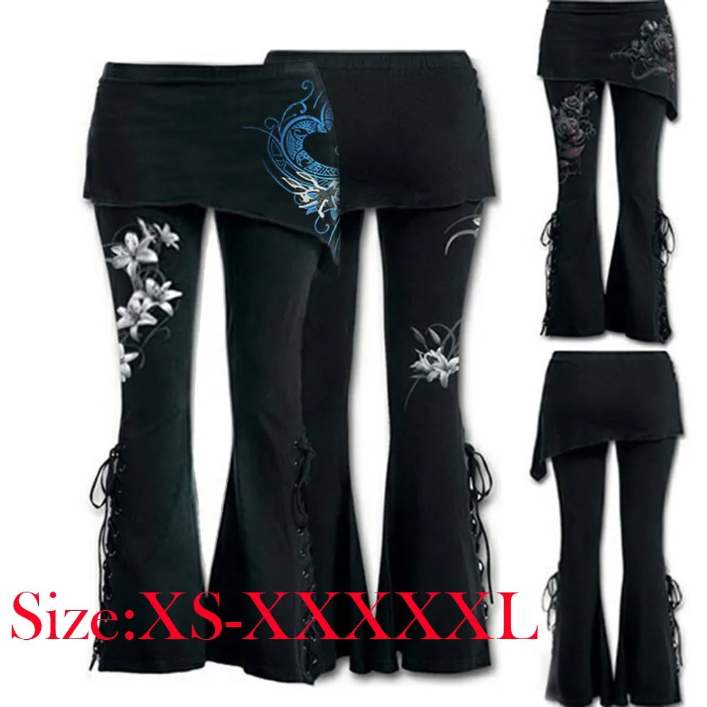 Women Black Embroidered Casual Bandage Flares Punk Lace Up Bell Bottom Leggings Vintage Pockets Solid Autumn Y2K Pants