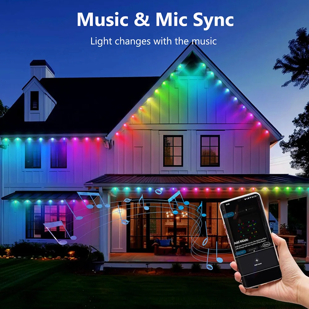 Permanent Outdoor Lights Smart RGBIC 50ft 30 LED Eaves Light Waterproof Music Sync Remote Control Outdoor Eaves LED Light String