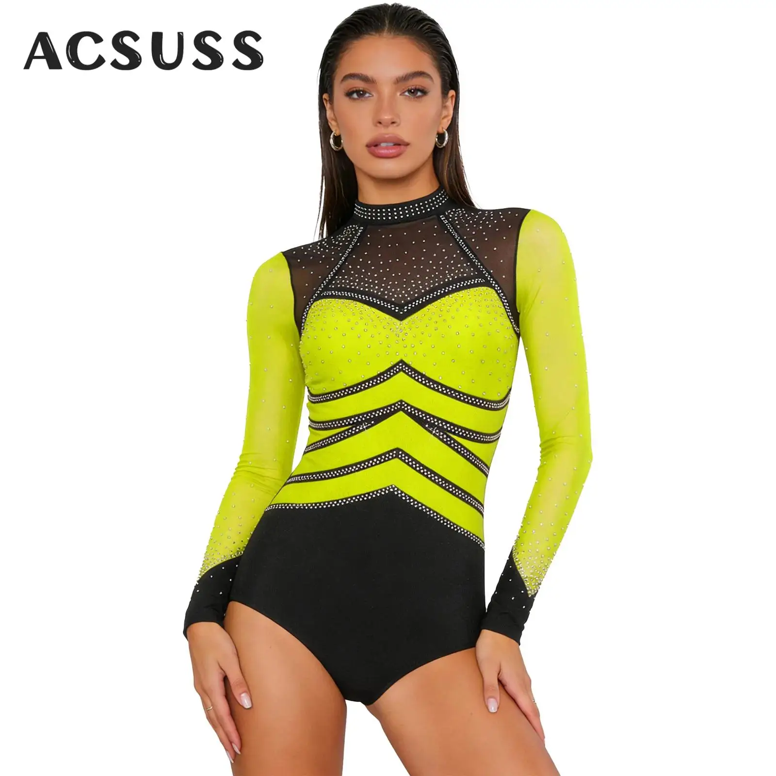 

Женский блестящий гимнастический трико со стразами, балетный трикотаж, сетчатый комбинезон с длинными рукавами, художественный комбинезон для фигурного катания, акробатики