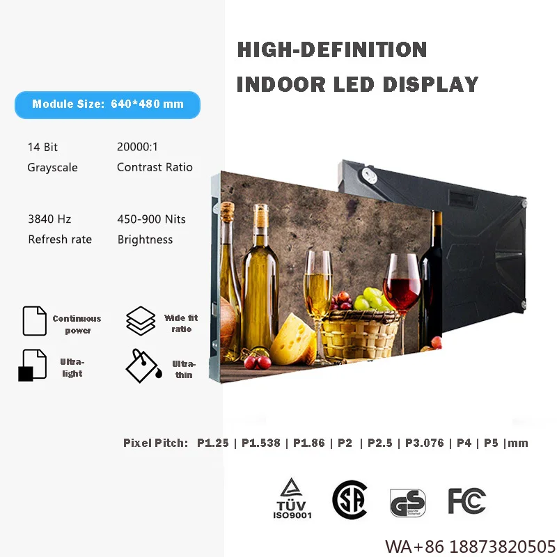 LED-Anzeige, energiesparend, kleiner Spitch P1.25 P1.538 P1.86 P2 P2.5 Vollfarbe, 640 x 480 mm, Schrankgröße, Videowand für den Innenbereich