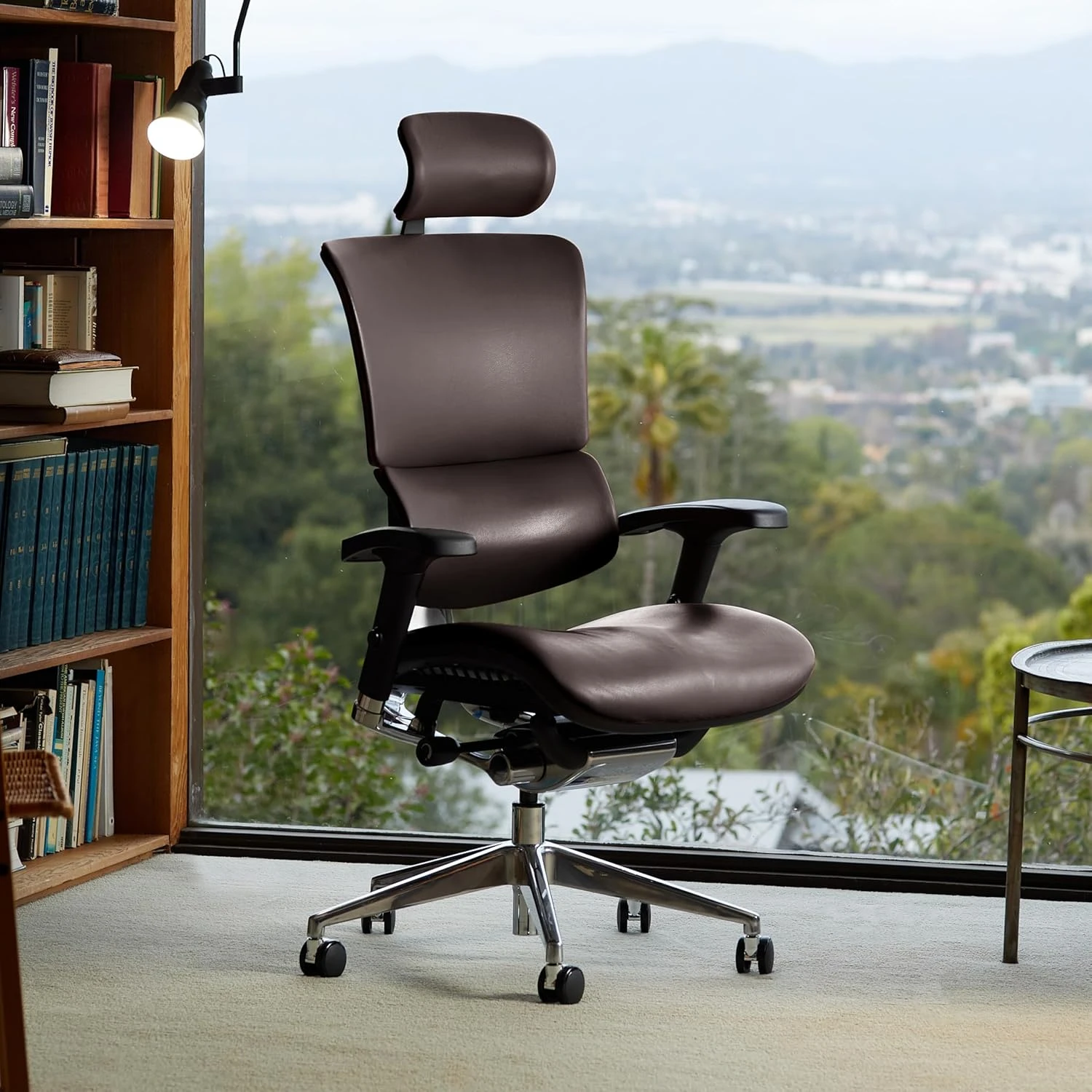 High End Executive Chair, Brown Leather with Headrest - Ergonomic Office Seat/Dynamic Variable Lumbar Support