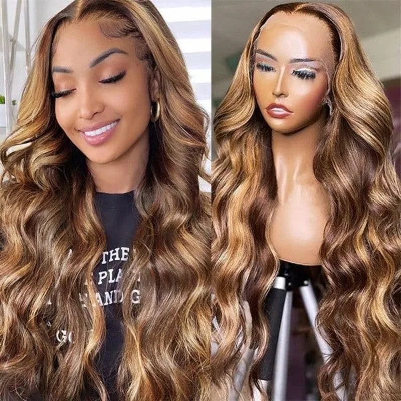 Highlight Body Wave Ombre Color 4/30Transparent Lace Front Human Hair Wig Remy 13X4 13X6 Lace Frontal Human Hair Wigs For Women