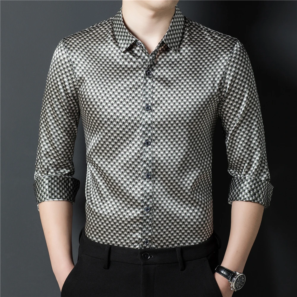 

3D Print Luxury Silk Dress Shirt Men Long Sleeve Casual Loose Fit SpringNew Quality Smooth Comfortable High-End Camisa Masculina