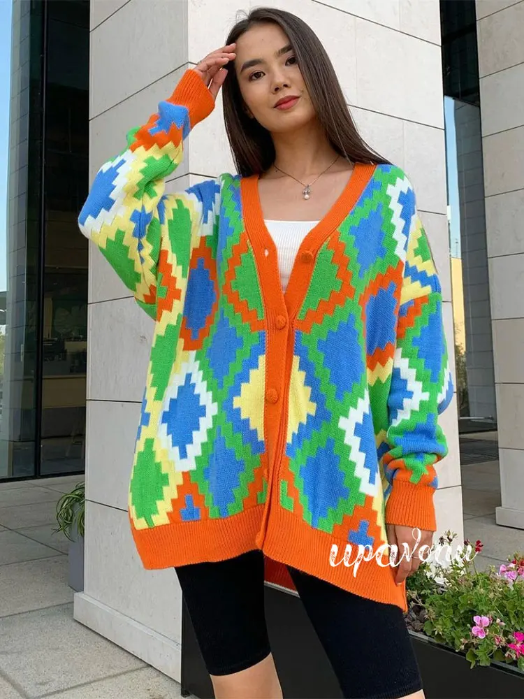 Free Shipping V-neck Lantern Long Sleeve Cardigan Women Knitted Printed Oversized Sweater Spring 2022 Single-breasted Cardigan