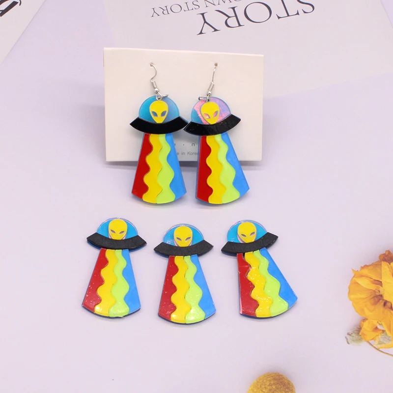 6pcs 53x27mm Colorful UFO Alien Arcylic Charms Rainbow Spacecraft Pendant For Earring Keychain DIY Jewelry Make Bulk