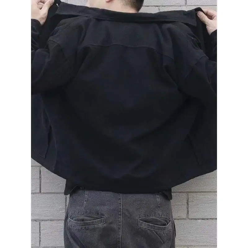 

Мужская повседневная свободная джинсовая куртка с воротником, рабочая одежда, осенняя износостойкая куртка в стиле ретро, американская, укороченная