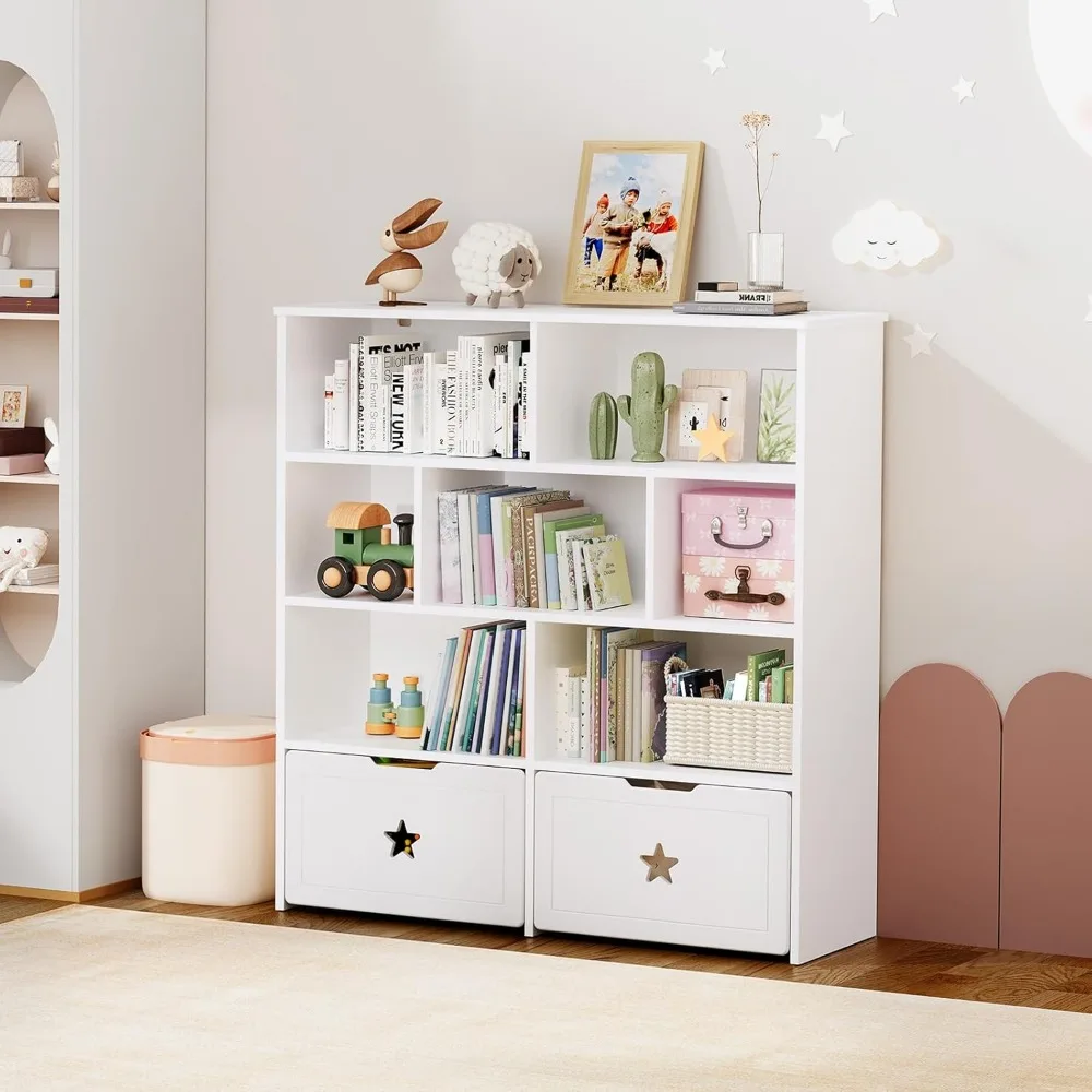 Organizer na zabawki, duży regał na książki dla dzieci i schowek na zabawki z 2 ruchomymi szufladami i 7 przegródkami, skrzynia na zabawki dla dziewczynek.