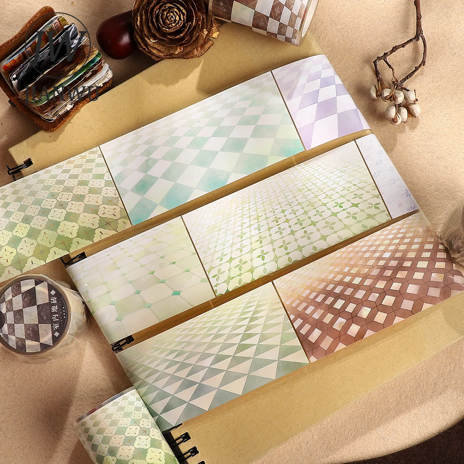 

JIANWU 50mm*5m Indoor Floor Tiles Series Vintage Tile Plank Landscape Material Collage PET Tape Creative DIY Journal Stationery