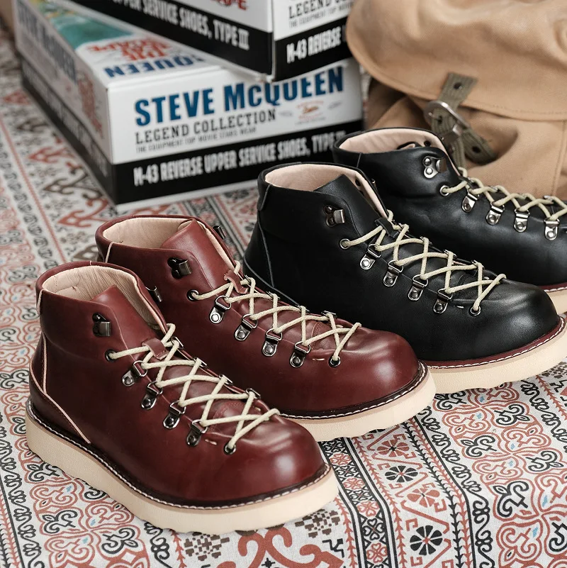 YETTIES Amekaji Vintage Work Boots, Waterproof Leather Mid-Calf Combat Boots, Chunky Sole Hiking Shoes for Men