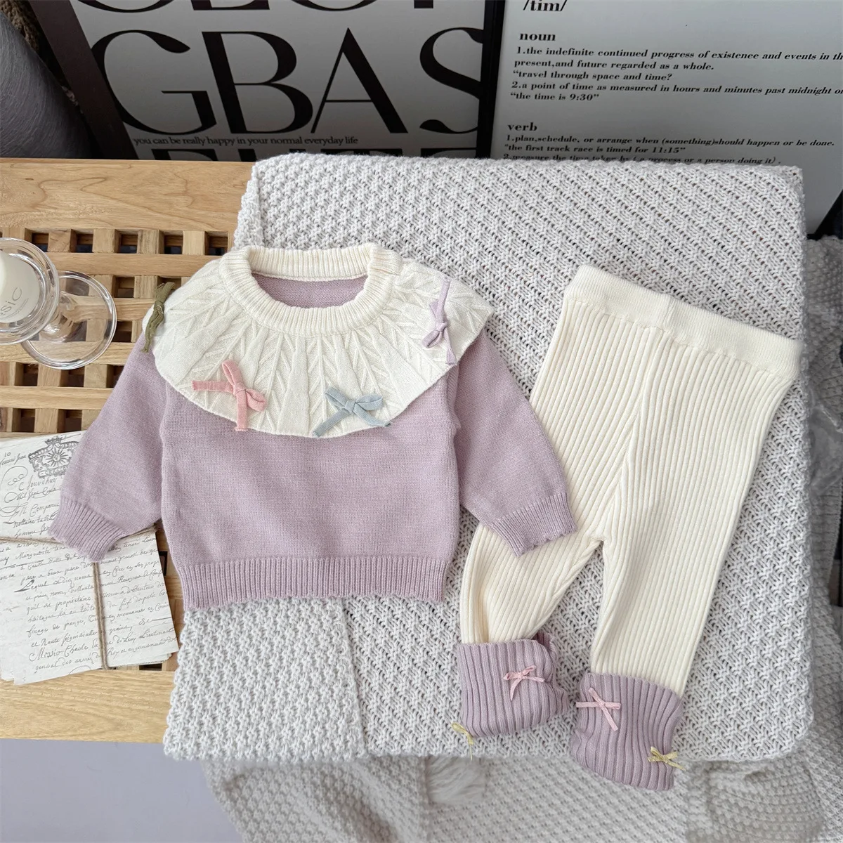 5481 Baby Clothing Set 2026 Autumn And Winter Knitted Wool Suit Baby Doll Collar Bow Sweater+ Leggings Girl's Two-piece Suit