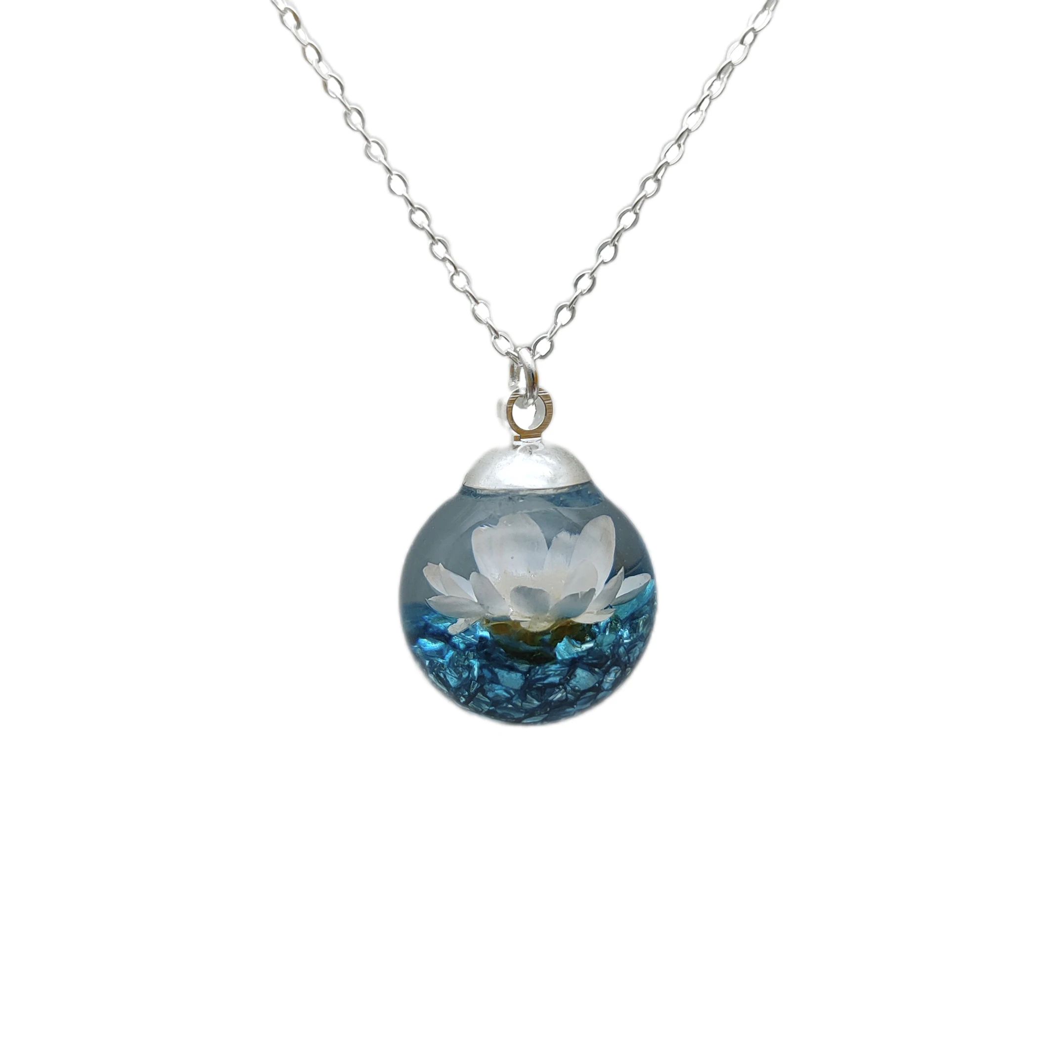 Daisy Blue Treasure Island Mineral Glass Ball Pendant Sterling Silver Color Chain Necklace Women Choker Boho Jewelry Handmade