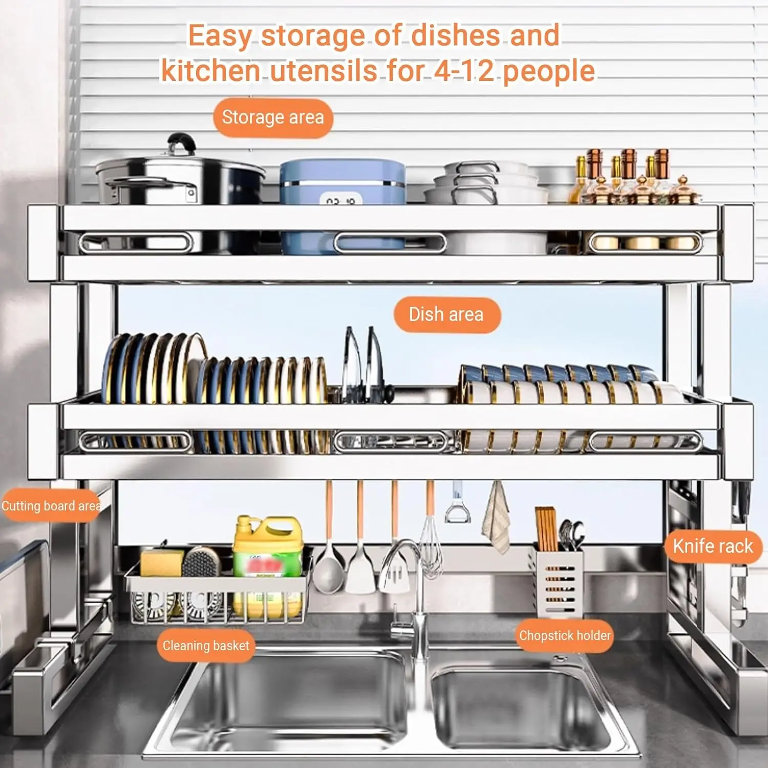 2-Tier Over The Sink Dish Drainer Drying Rack,Multifunctional 304 Stainless Steel Kitchen Countertop Organizer with Suction Cup