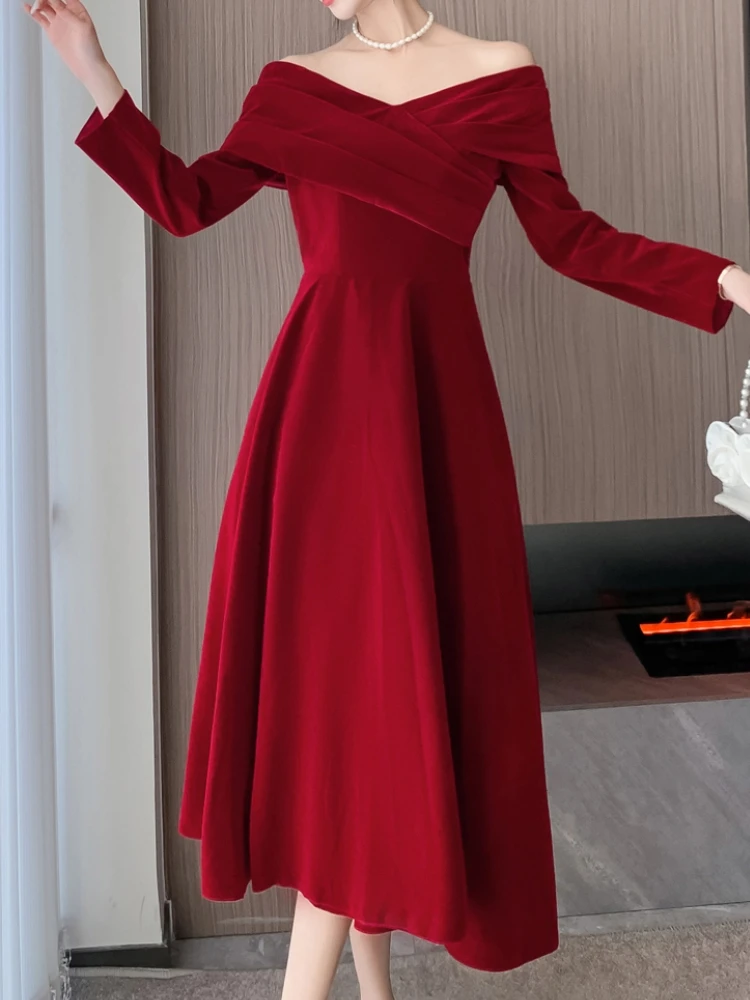 Elegant Women Casual A-Line Party Red Dress Long Sleeve Vintage Chic Prom Birthday Dresses Female Fashion Robe Vestidos Spring