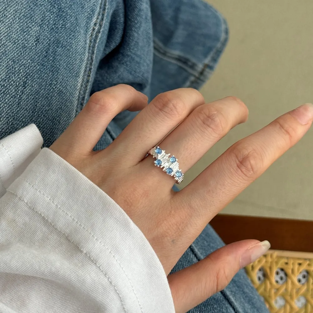 

New S925 Silver Ring for Women with Irregular Wrinkles, Blue Zircon Texture, High Grade Open End Ring