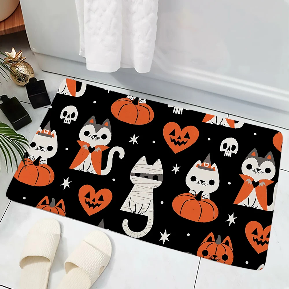 CLOOCL Harajuku Doormat Pumpkin Cat Bat Pattern 3D Print Kitchen Bathroom Absorbent Entrance Doormat Floor Mat Halloween Rug