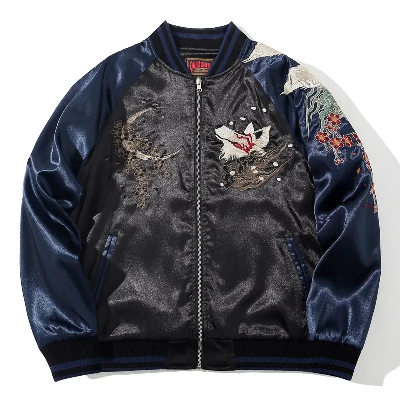 Neue Männer Jungen High Street Sukajan Souvenir Jacke Neunschwänziger Fuchs Pfingstrose bestickt Pilot Bomber Letterman Varsity Award Vintage