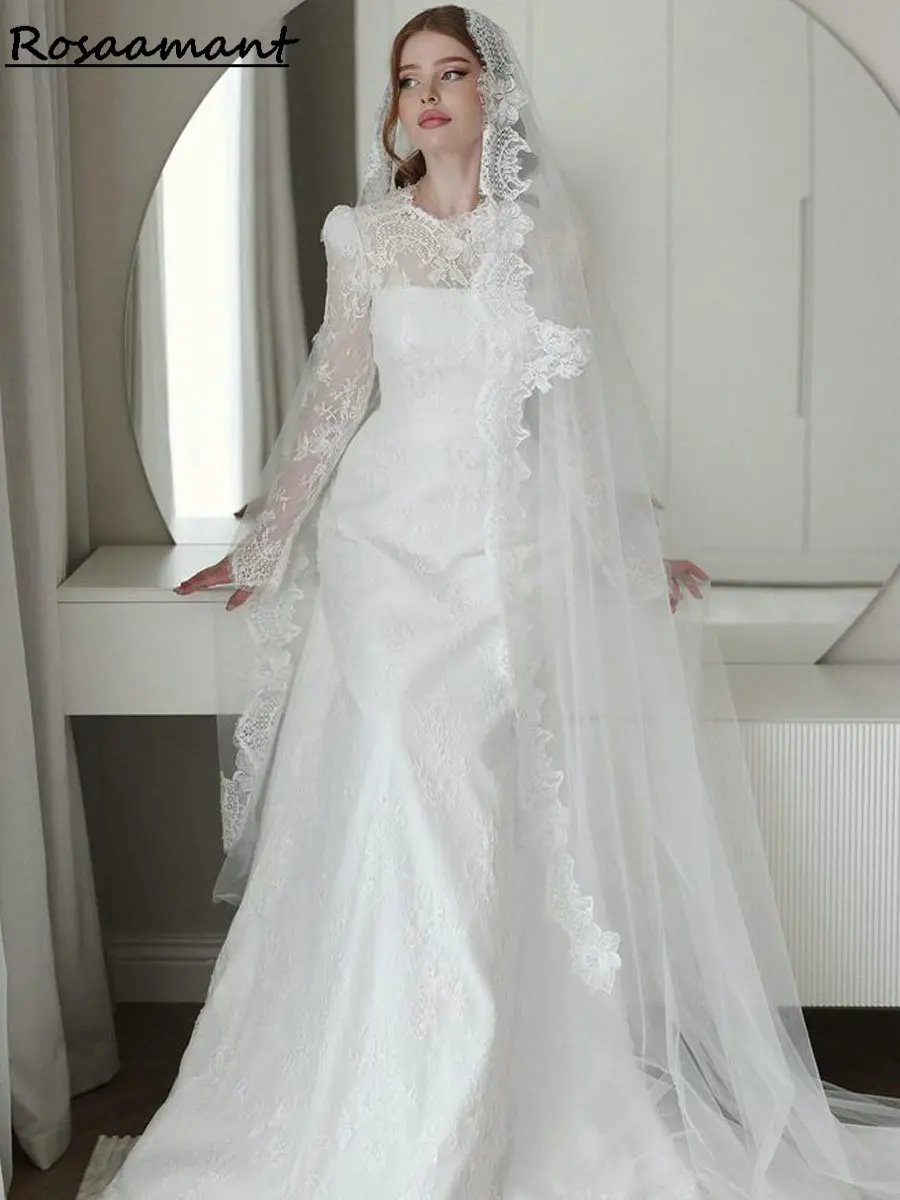 Vintage Appliques Lace A-Line Wedding Dresses O-Neck Long Sleeve Customized Country Bridal Gowns