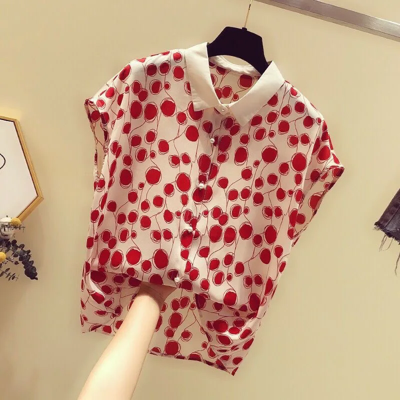 Woman Summer Style Blouses Tops Lady Casual Short Batwing Sleeve Peter Pan Collar Polka Dot Printed Blusas Tops ZZ1392