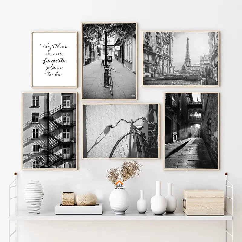 Vintage Bike Paris Tower Landscape Poster Nordic Black and White Canvas Painting Wall Art Pictures Modern Living Room Home Decor