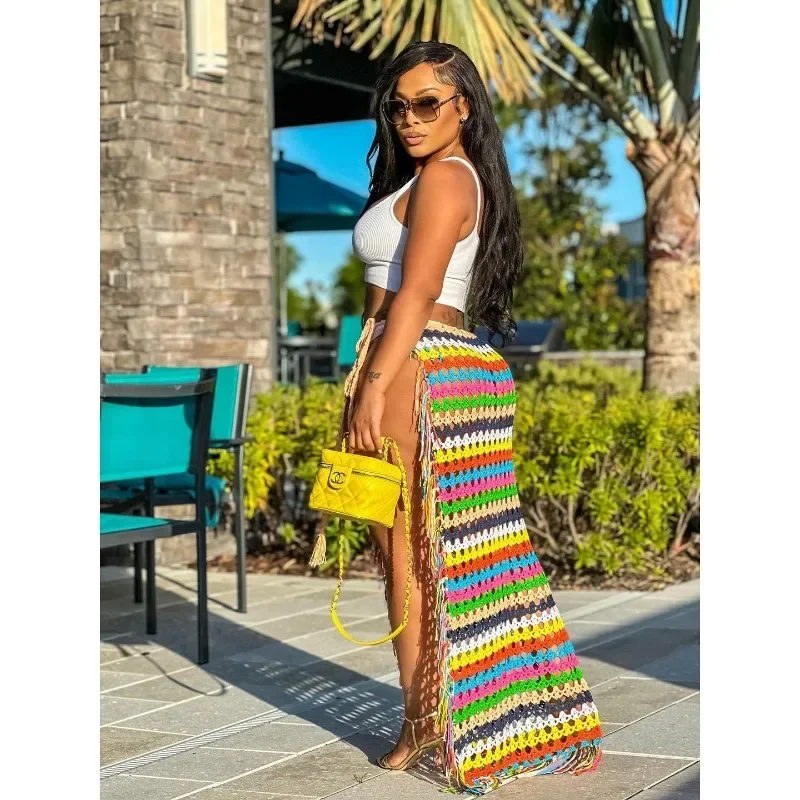 

New Spring Colorful Hand Crochet Tassel Maxi Skirts Women Sexy Side High Split Knitt Summer Beach Dresses Long Skirt Y2k