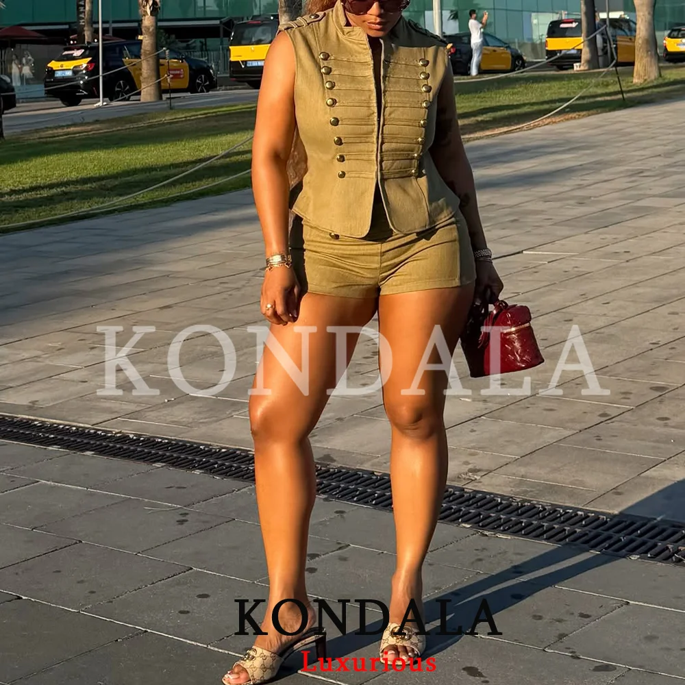 KONDALA Streetwear Casual Chic Women Shorts Suit O-Neck Knot Button Sleeveless Top Zipper Shorts Fashion 2026 Summer Fall Suit