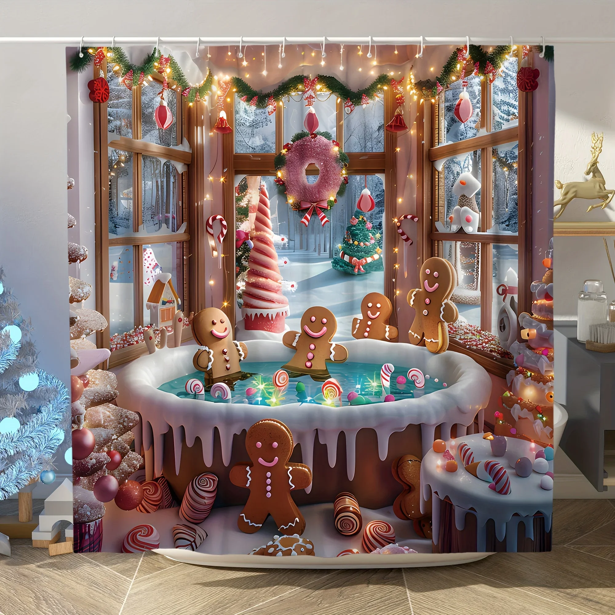4pcs Gingerbread Bathroom Set - Christmas Shower Curtain, Toilet Cover & Mats, Festive Cookie Decor, Holiday Home Gift