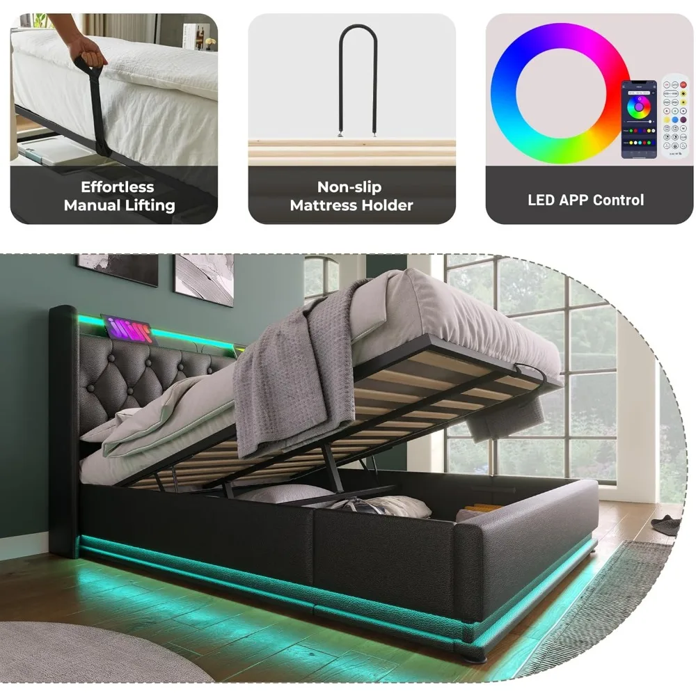 Large Cushioned Lift Storage Bed with Headboard, PU Fabric, Button Tufting, USB Port, and 360 ° Surround LED Design, Black