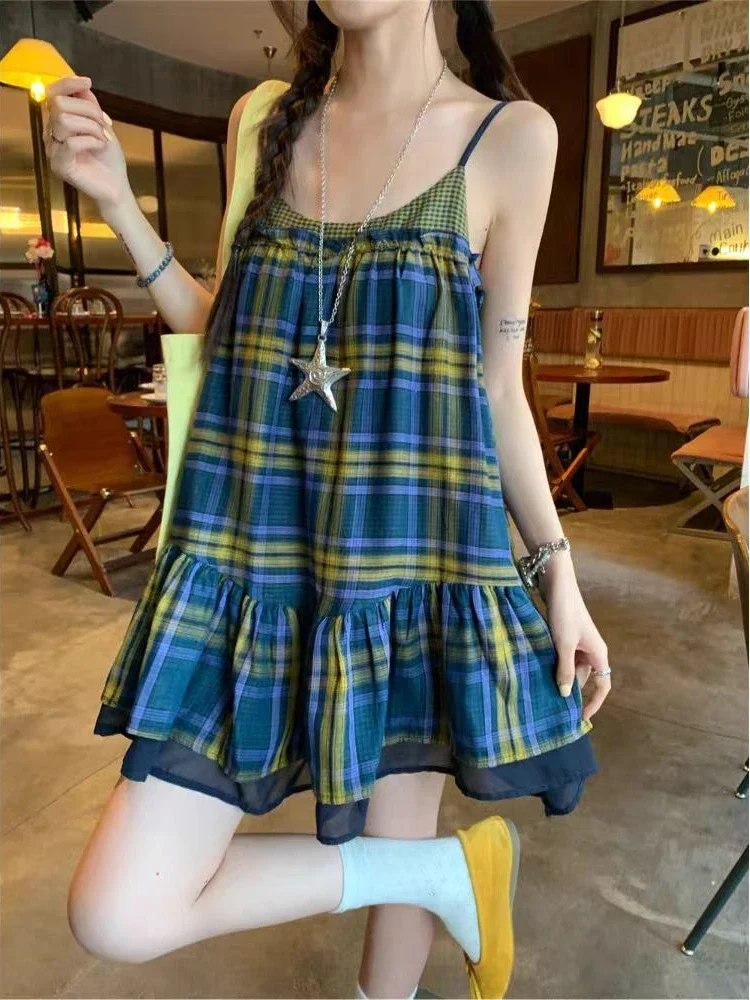 Elegant Vintage Casual Plaid Loose Women Vest Women Summer Hot Girl Off Shoulder Sleeveless Fashion Retro Kawaii New Mini Dress