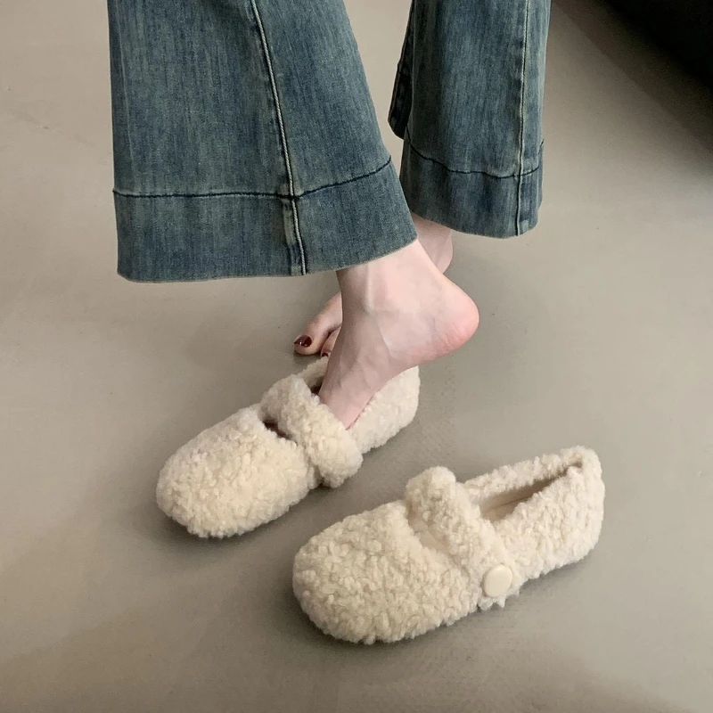 Fleece Lined Lambwool Women Flats Mary Jane Shoes Round Toe Slip On Shoes Warm Cotton House Shoes For Autumn Winter