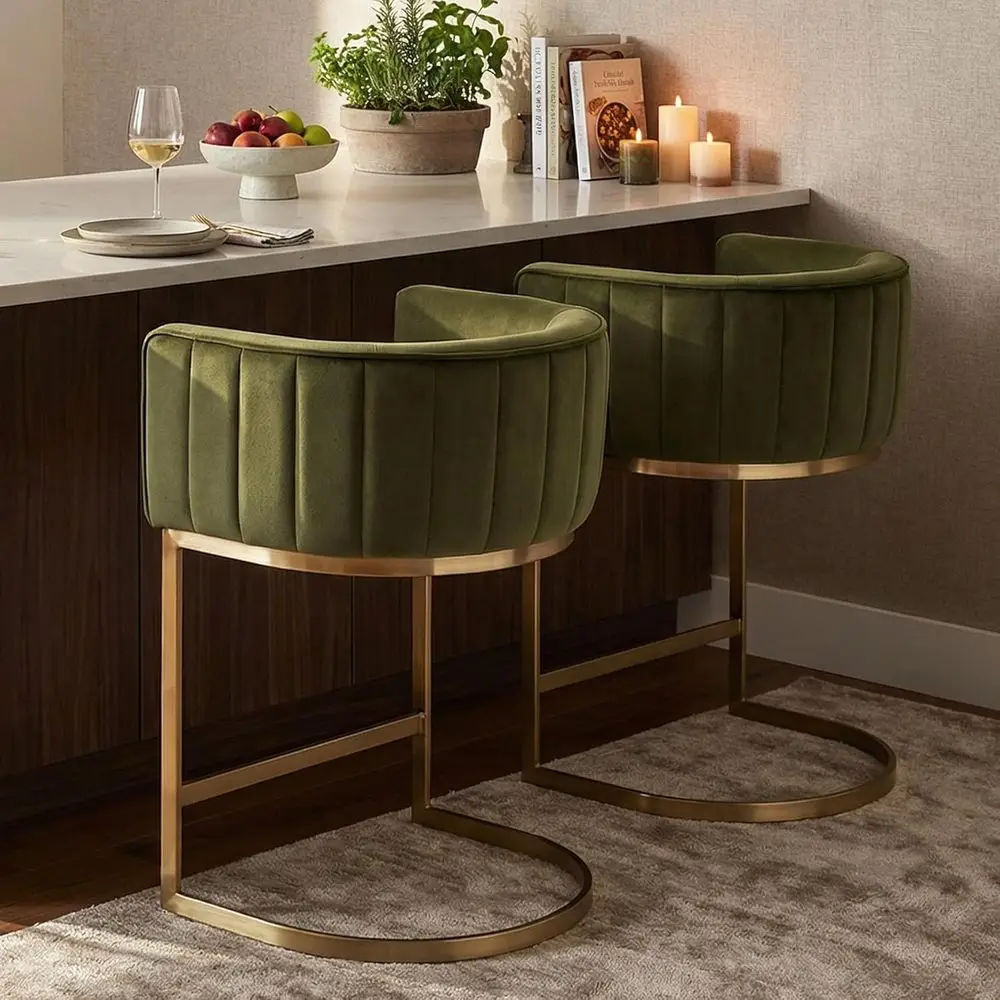 

24 Velvet Upholstered Counter Height Bar Stools Set of 2 for Kitchen Island, Breakfast Bar, Dining Room, or Cafe in Rich Green