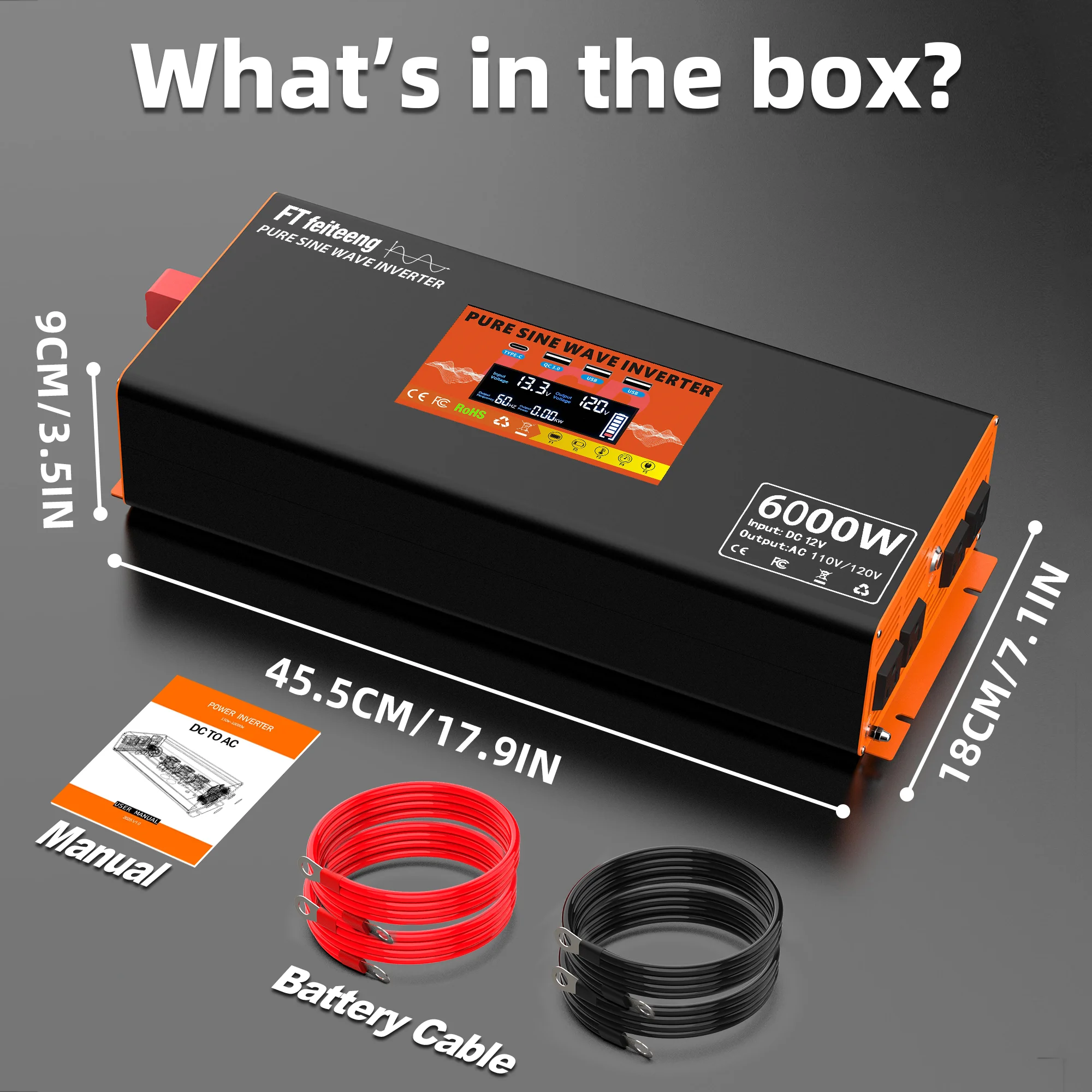 6000W/4000W Pure Sine Wave Car Power Inverter 12V to 110V/120V, with 2 AC Outlets and 4 USB Ports, Comes with an LCD
