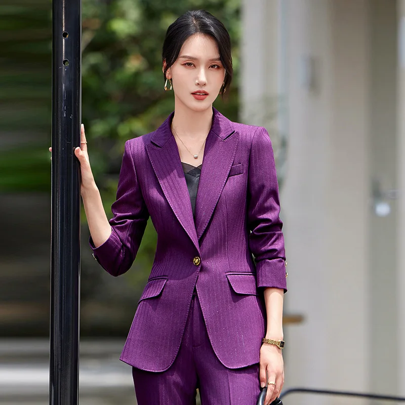 Business Suit Women2024New Autumn Purple Striped High-End Business Suit Work ClothesolCommuter Workplace Formal Wear