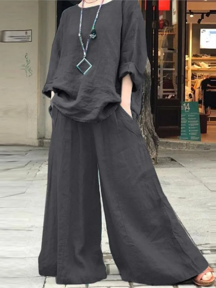 Casual Vintage Solid Color Pants Sets Women Loose Long Sleeve T Shirt Wide Legs Trousers Two Piece Set Female Spring Autumn New