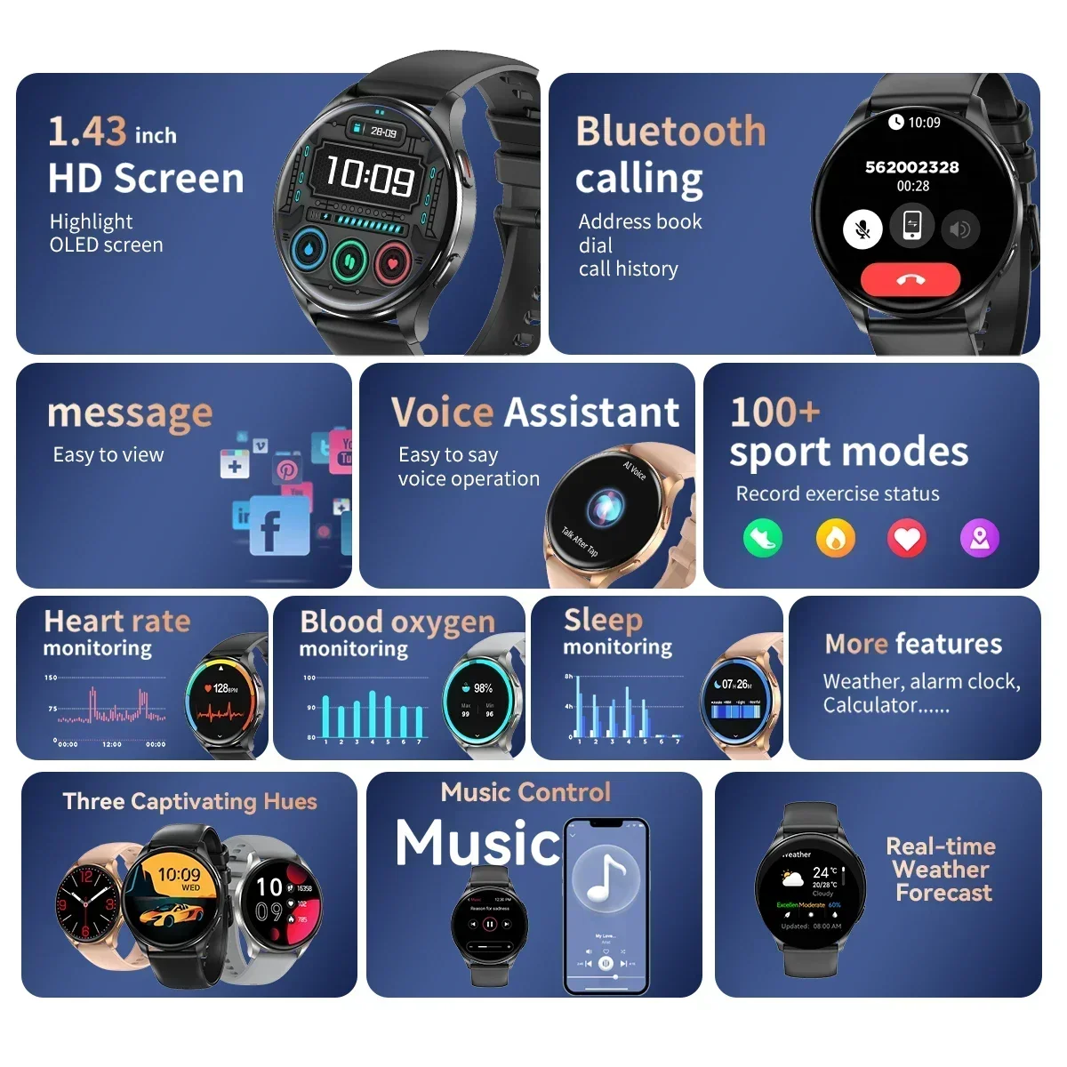 Global Version Blackview Smartwatch X20 1.43” AMOLED Display 100+Workout Modes 20 days Battery Life Wireless Voice Calls