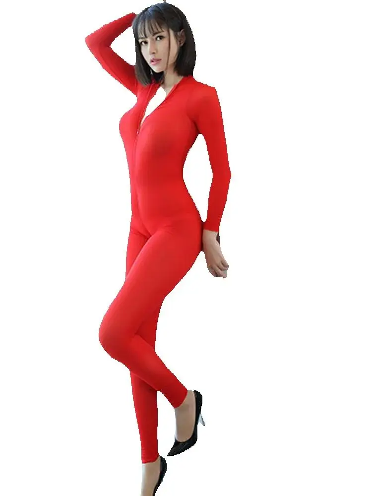 

ice Silk transparent Bodysuit Women's Two Way Zipper Open Crotch Tight Fit Full Body Jumpsuits Smooth Allure Bodycon Rompers