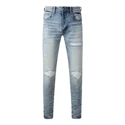 Street Fashion Men Jeans Retro Light Blue Stretch Skinny Fit Ripped Jeans Men White Leather Patched Designer Brand Hip Hop Pants