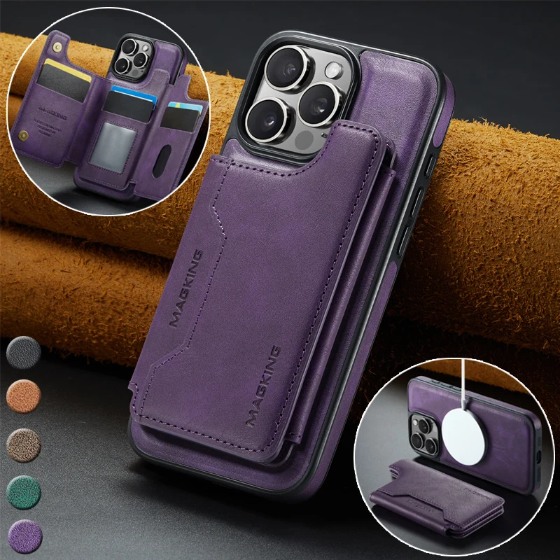 

For Magsafe Leather Wallet Phone Case for IPhone 17 Air 16 Pro Max 16E 15 Plus 14 13 12 Cards Holder Stand Funda Cover Coque Bag