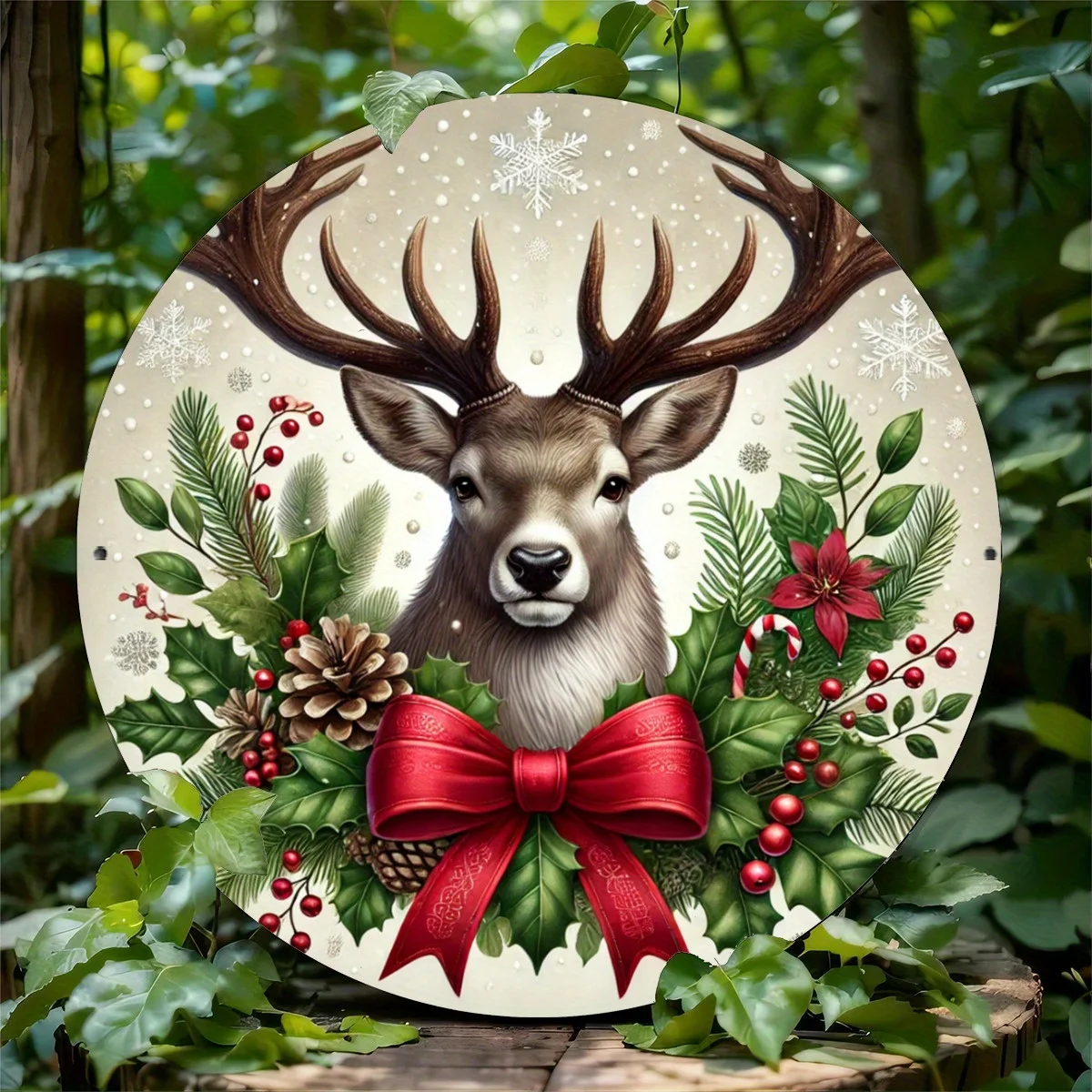 2D Snug Festive Xmas Reindeer Motif Wooden Circular Platter Furniture Hanging Ornament Bistro Cafe Quarters Lounge Decor