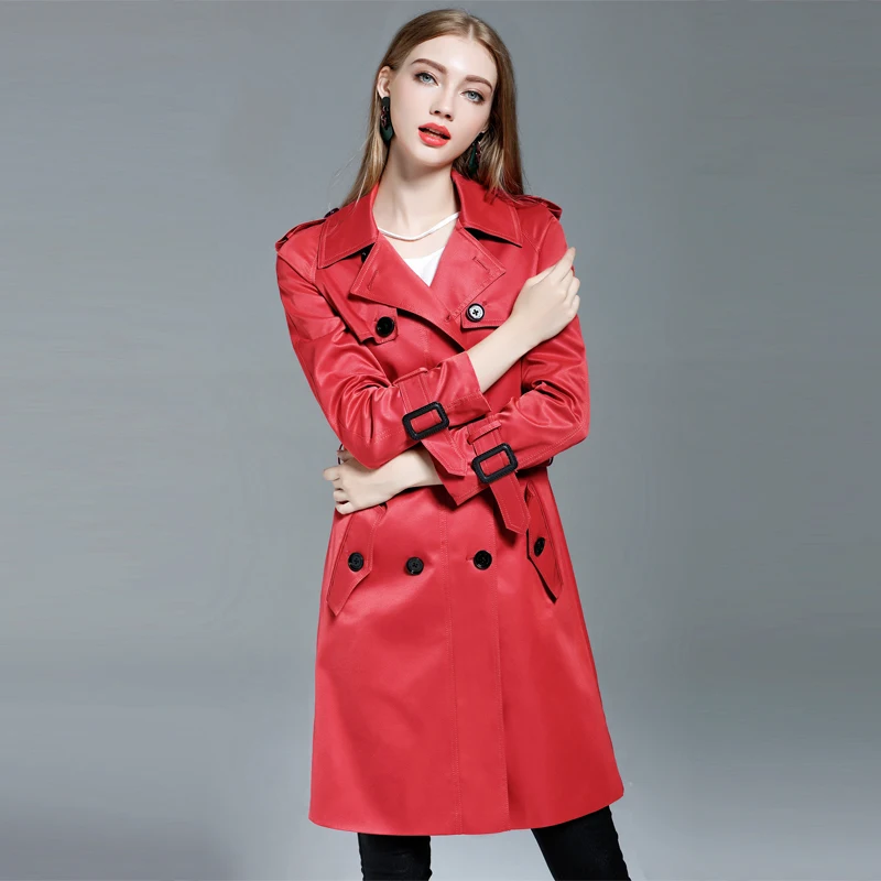 

Khaki Black Red Trench Coat Women Casual Windbreaker Spring Autumn Loose Mid Long Belt Double Breasted Pocket Overcoat Female