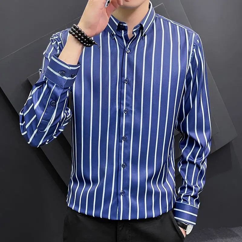 Camisa masculina de manga comprida grande, listrada com lapela, moda casual, versão coreana da moda, nova, primavera e outono, 2024