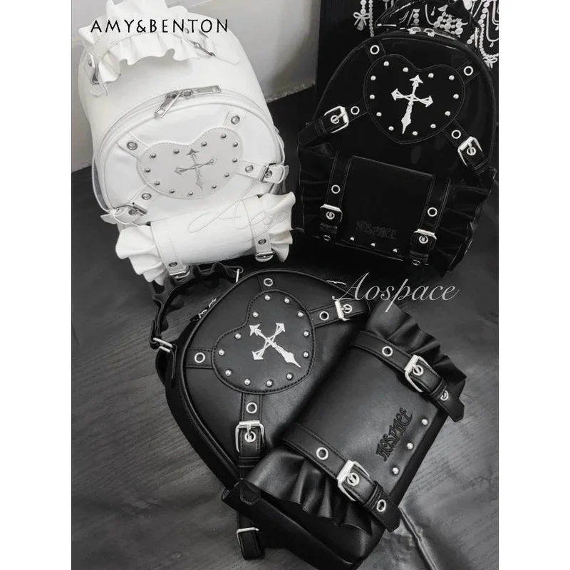 

25COSSubculture Embroidery Love Крест Заклепки Плиссированный Рюкзак Женский Ita Bag Японская серия Mine Массовое производство Универсальный Mini Bac