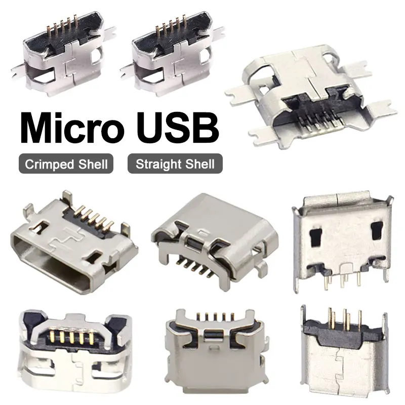 Image of 10 Stück Micro-USB-Android-Ladebuchsen, Flachkantiger Crimp-Typ, 5-polig, 4 Befestigungspins, SMD- & DIP-Anschluss