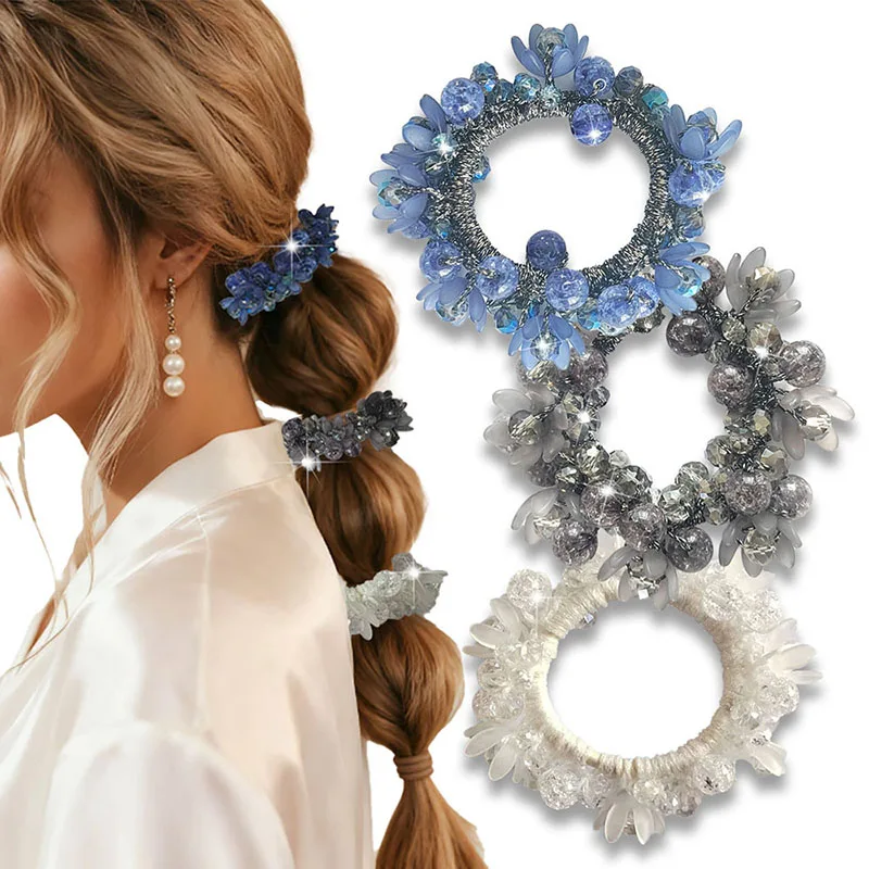 Multicolored Pearl Crystal Beads Scrunchies for Women Elastic Hair Tie Ponytail and Bun Hair Accessories Double Use as Bracelet