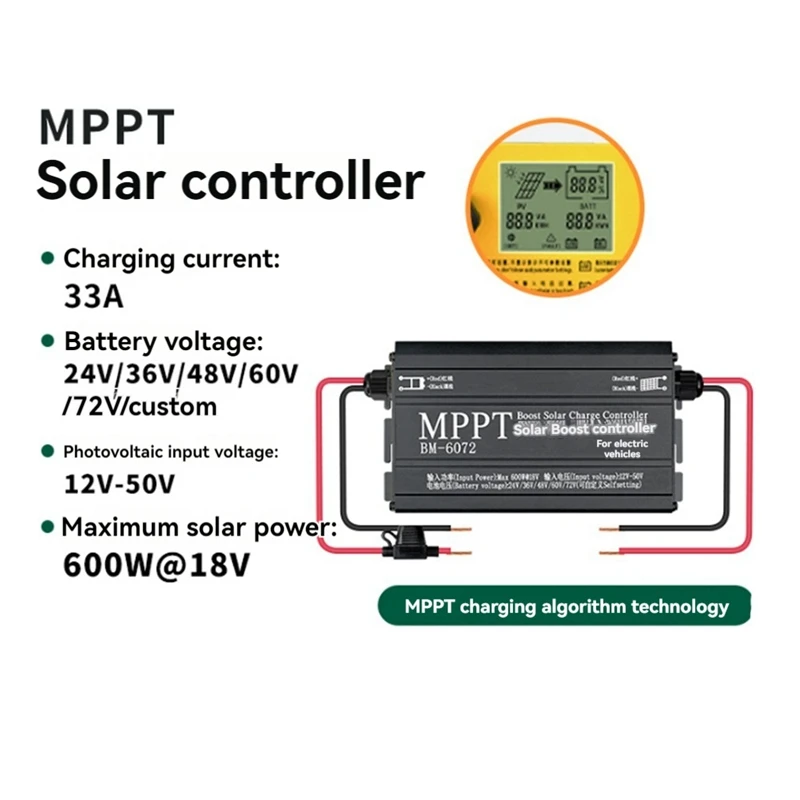 ABSJ-BM6072 600W MPPT Boost Solar Charge Controller For 24V 36V 48V 60V 72V Battery System Solar Panel 12-50V Input Voltage