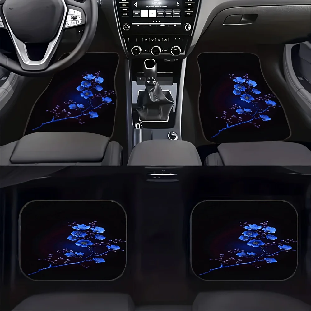 

4pcs Blue Enchantress Night Flower Pattern Car Floor Mats Set, Universal Anti-Slip And Dustproof Front & Rear Mats, Dreamy Blue