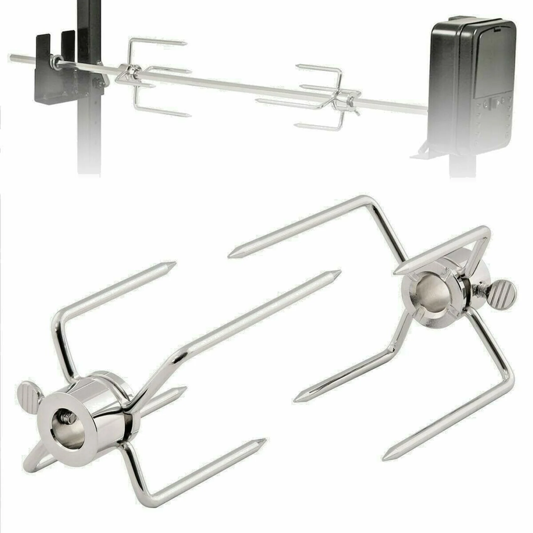 DT19-4Pcs BBQ Rotisserie Meat Forks Clamp Grill Meatpicks Stainless Steel Barbecue Skewer