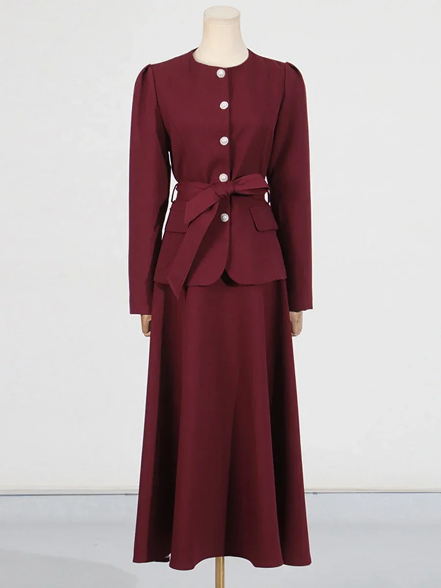 VGH Casual Solid Two Piece Set for Women O Neck Spliced Lace Up Top High Waist Pleated A Line Skirt Temperament Suit Female New