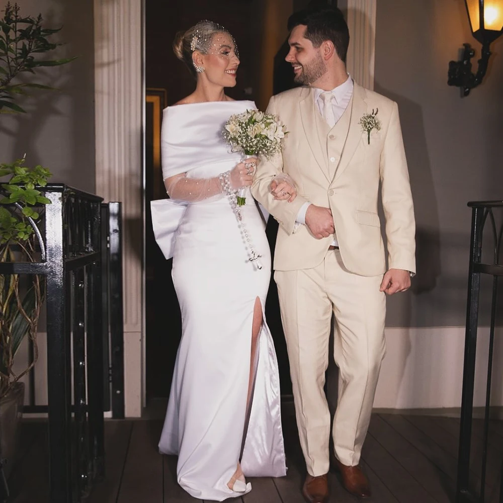 

Exquisite Hall Wedding Dresses Satin Mermaid/Trumpet Wedding Party Dress White Boat Neck Bow Pleat 2025 Bride Gowns for Women