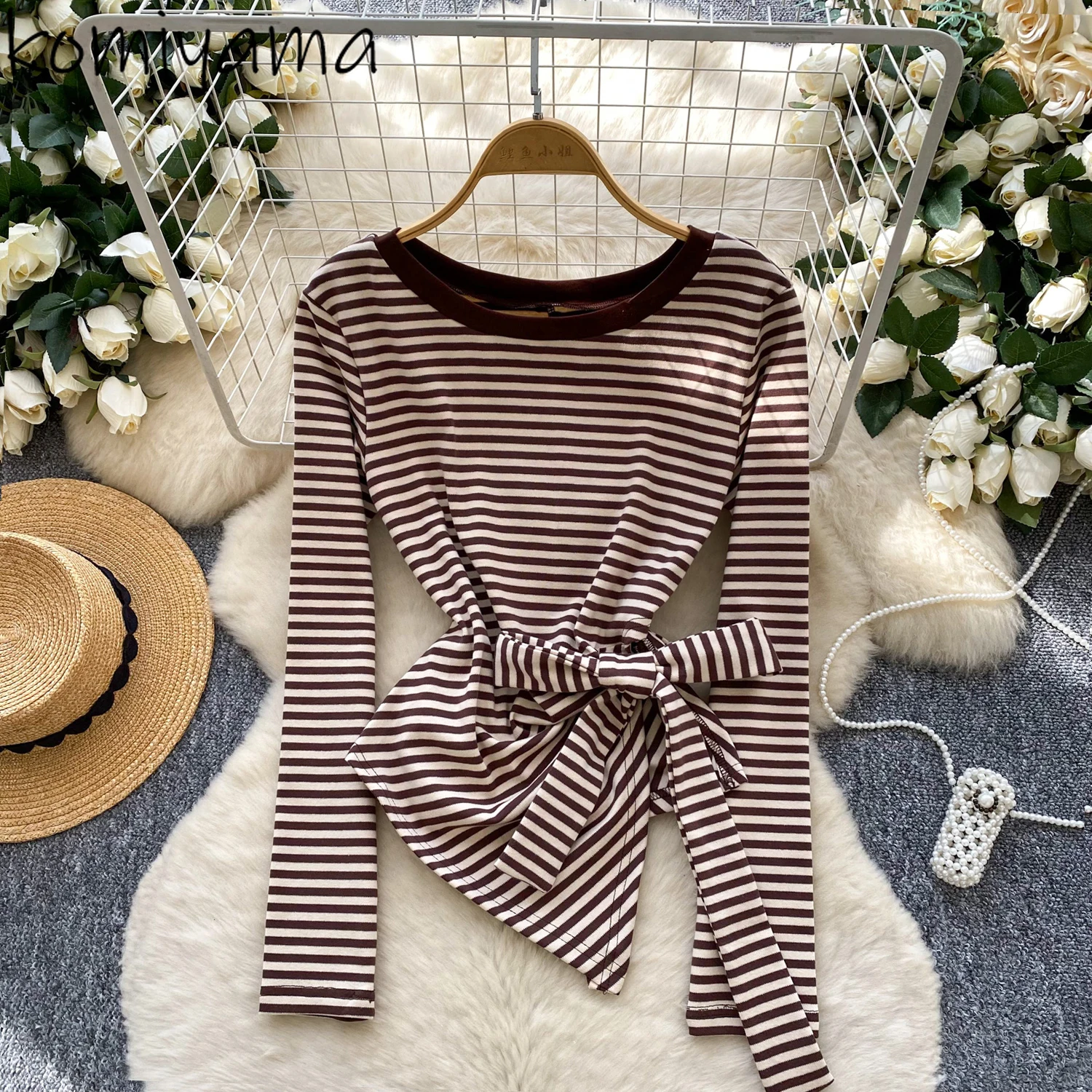 

Bow Lace-up Tunic Ropa Mujer Stripe Tops Long Sleeve Roupas Feminina Korean Fashion Woman Clothes Irregular Camisetas